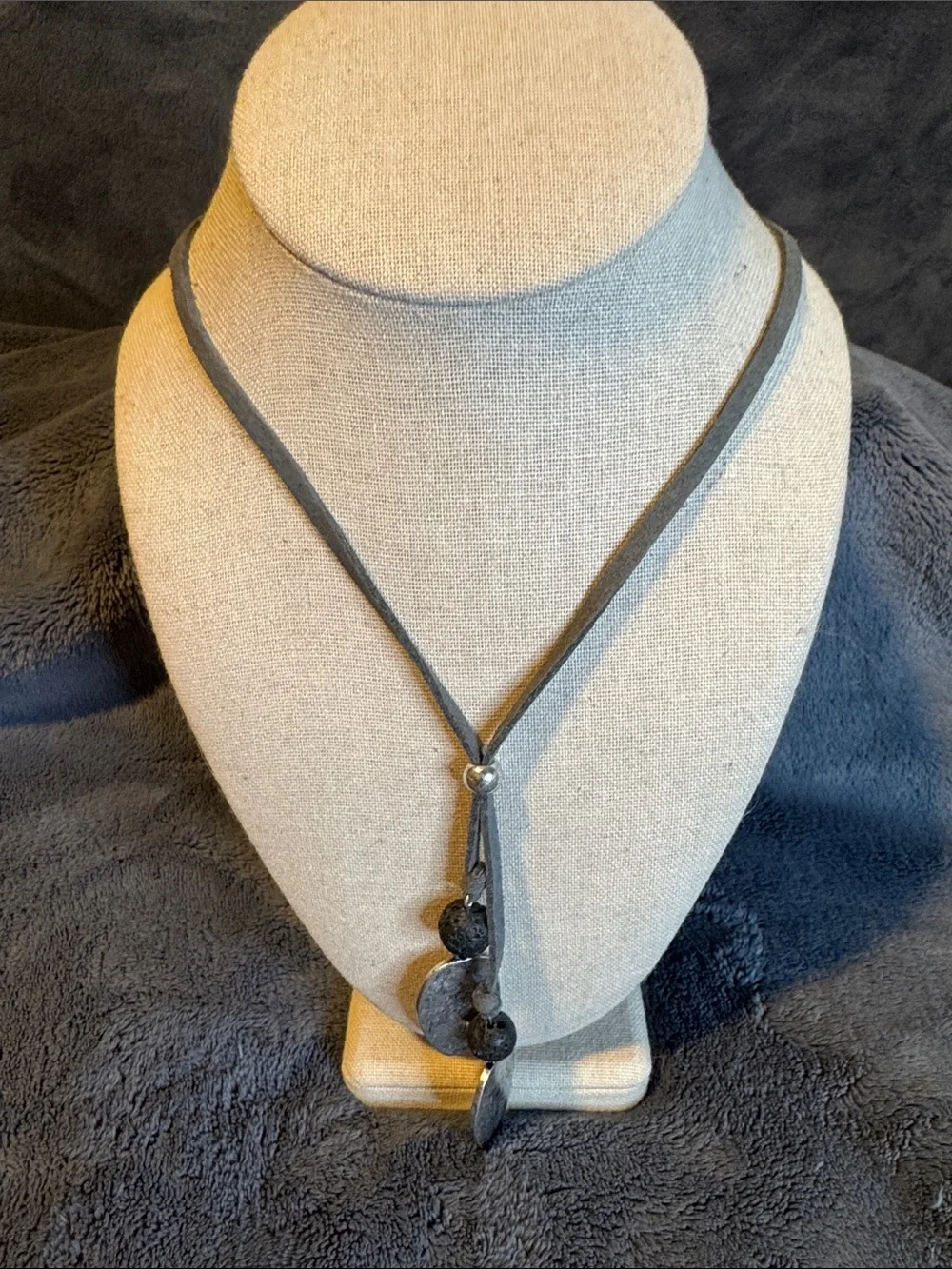 Suede Lariat Necklace with Disc and Bead Charms